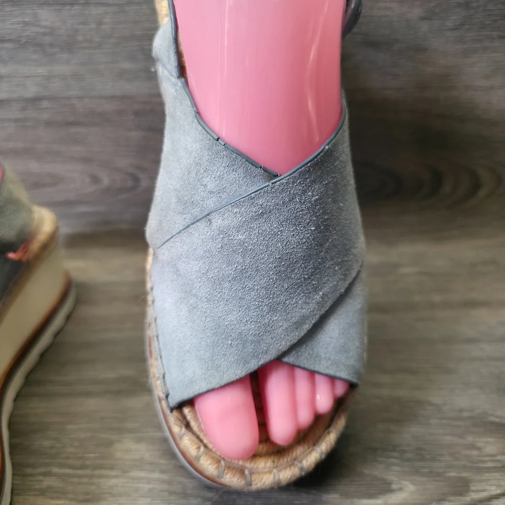 Marc Fisher Sandals Womens 9.5M Blue Leather Espadrille‎ Platform Glenna Wedge